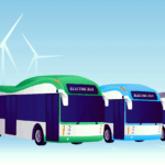 Nowoczesny elektryczny autobus jedzie ruchliwą ulicą miasta z wieżowcami i pieszymi w tle